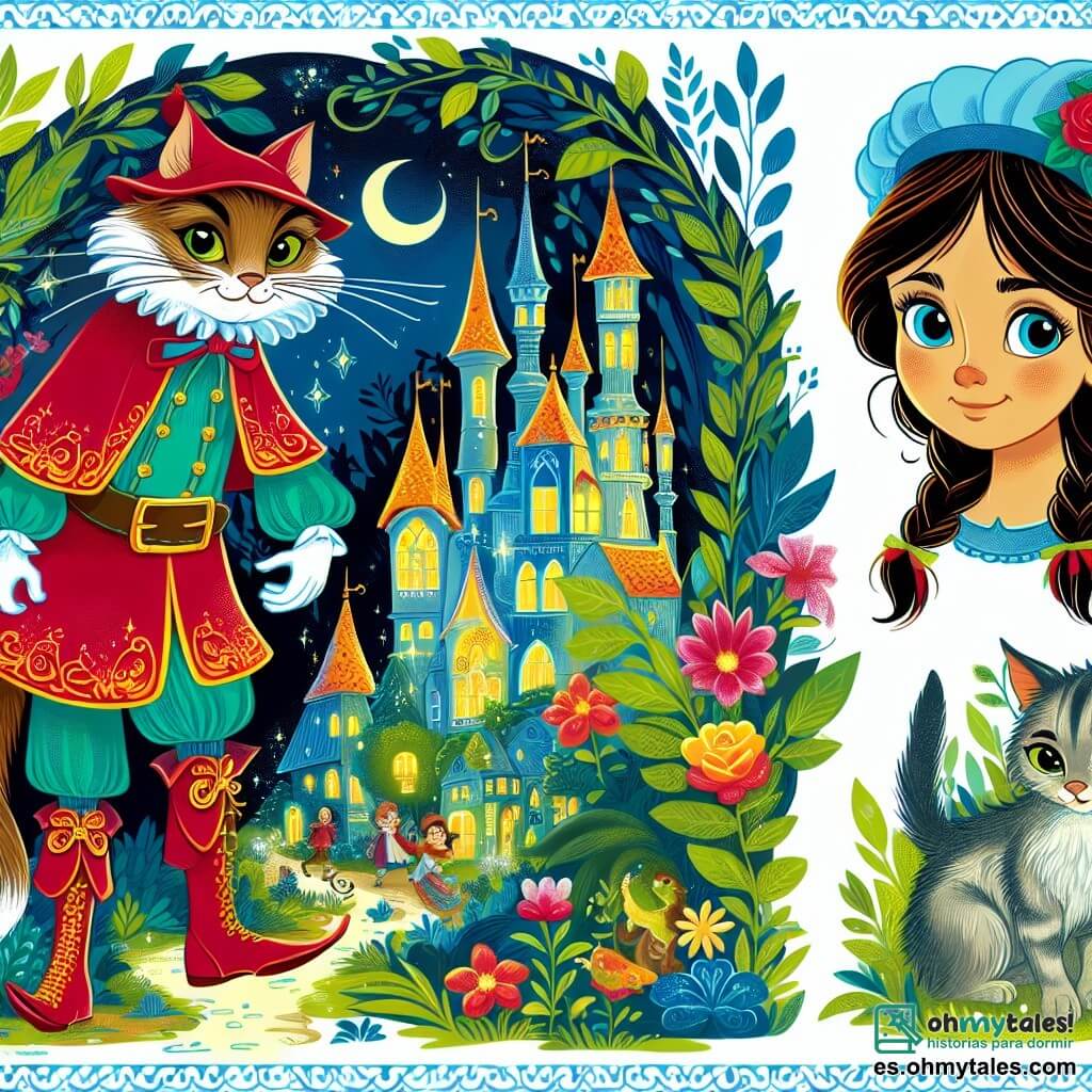 Une illustration destinée aux enfants représentant un chat botté malicieux, une jeune fille courageuse, une forêt enchantée aux arbres majestueux et aux fleurs lumineuses, et un village animé de créatures fantastiques.