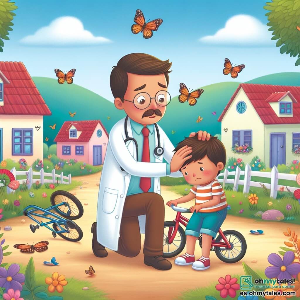 Une illustration destinée aux enfants représentant un médecin au grand cœur consolant un enfant triste après une chute de vélo, entourés de papillons colorés, dans le paisible village de Villa Esperanza rempli de maisons aux toits rouges et de fleurs multicolores.
