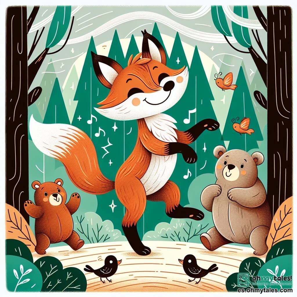 Une illustration destinée aux enfants représentant un renard malicieux, se liant d'amitié avec une famille d'ours bienveillants, dans une forêt enchantée où les arbres majestueux dansent au rythme du vent.