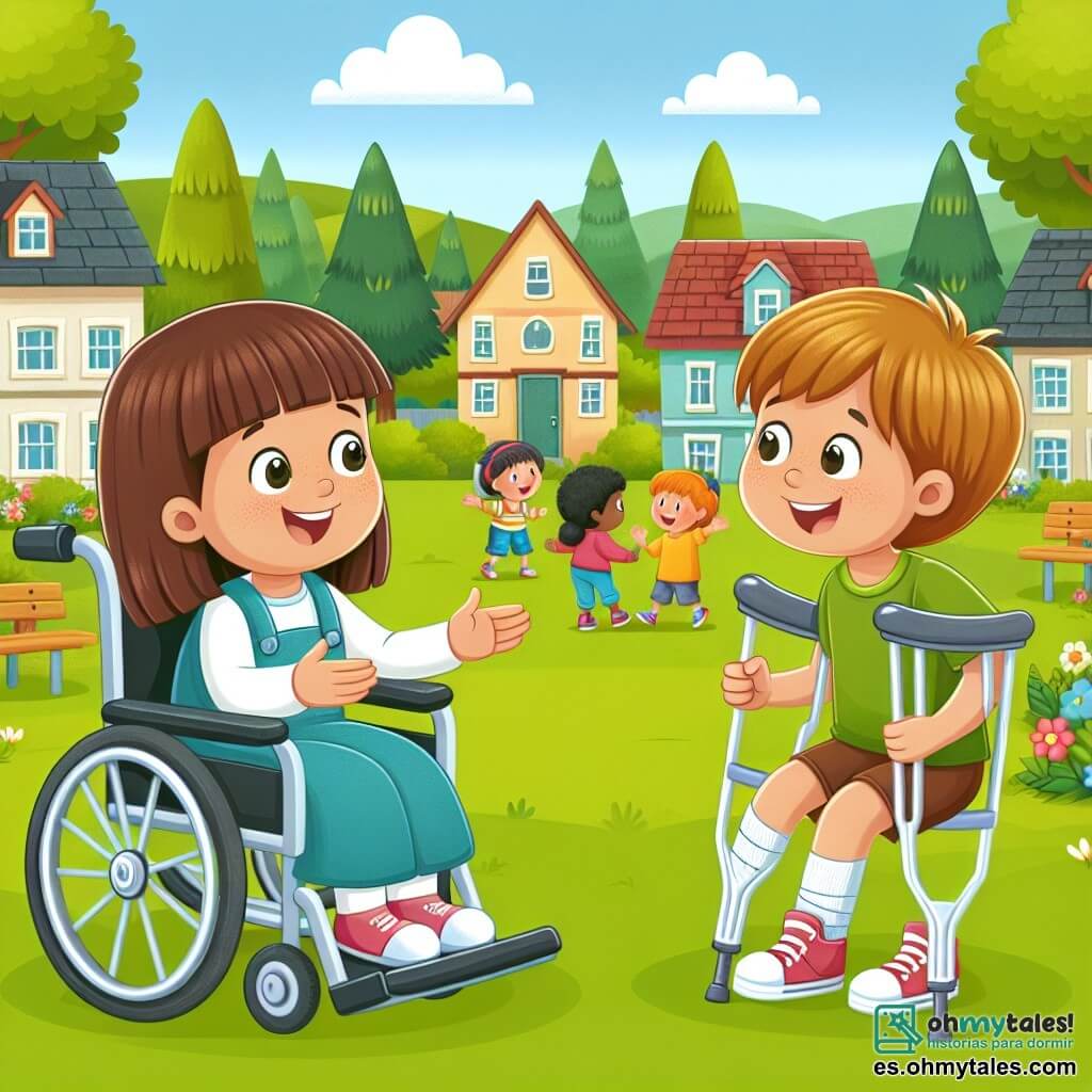 Une illustration destinée aux enfants représentant une jeune fille enjouée, assise dans une chaise roulante, découvrant une nouvelle amie qui utilise des béquilles, dans un village pittoresque avec un parc verdoyant et des enfants qui jouent joyeusement.