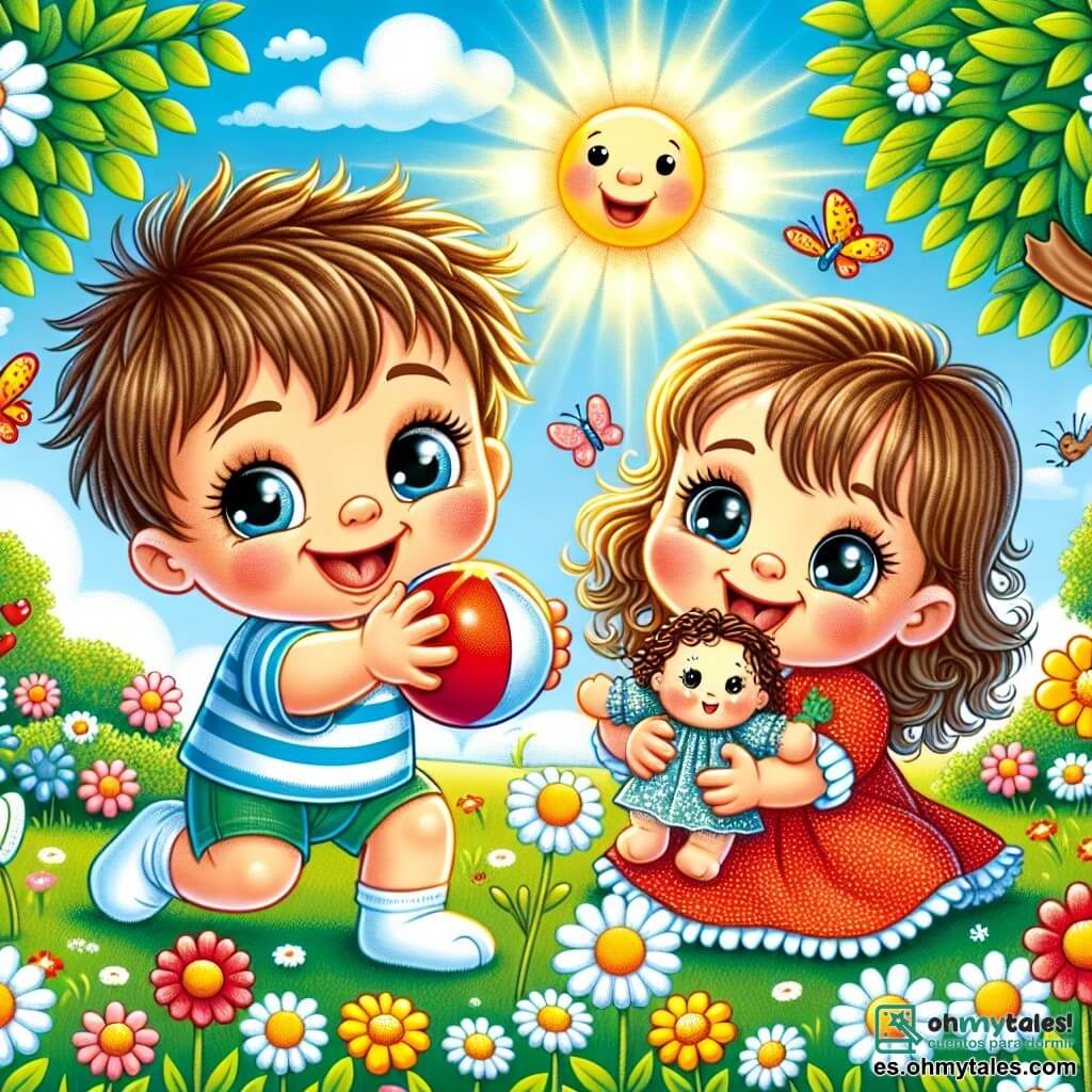Ilustración que representa un parque soleado, lleno de flores coloridas y árboles verdes con hojas brillantes. En el centro, un niño de 1 año, con el cabello castaño desordenado y ojos chispeantes de alegría, lanza una pequeña pelota roja al aire con una gran sonrisa en su rostro. A su lado, una niña de 1 año, con cabello rizado y ojos brillantes, sostiene una bonita muñeca de tela, mirando al niño con entusiasmo. Están rodeados de un césped verde, salpicado de margaritas blancas y dientes de león amarillos. La escena irradia una atmósfera de felicidad y amistad, con rayos de sol iluminando sus rostros alegres y pájaros cantando en el cielo azul.