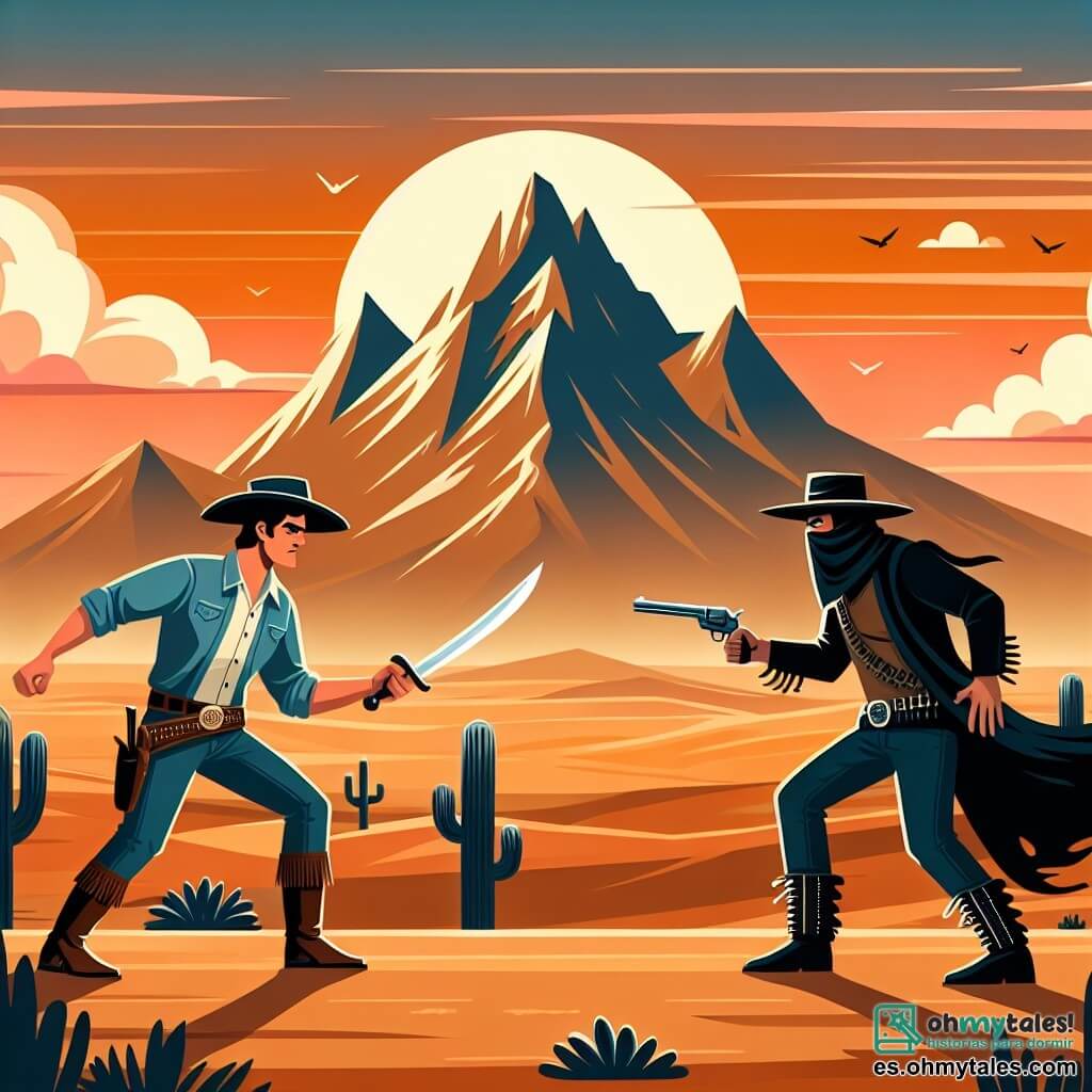 Une illustration destinée aux enfants représentant un courageux cow-boy, un bandido redouté, une montagne majestueuse et un désert aride, où se déroule une confrontation épique au coucher du soleil.