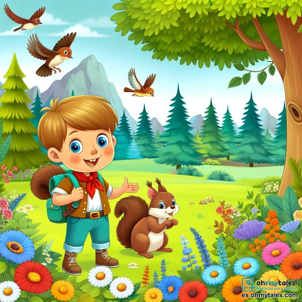 Une illustration destinée aux enfants représentant un garçon curieux et enthousiaste, accompagné d'un écureuil espiègle, dans un jardin luxuriant rempli de fleurs colorées, d'arbres majestueux et d'oiseaux chantants, symbolisant la beauté de la nature à préserver.