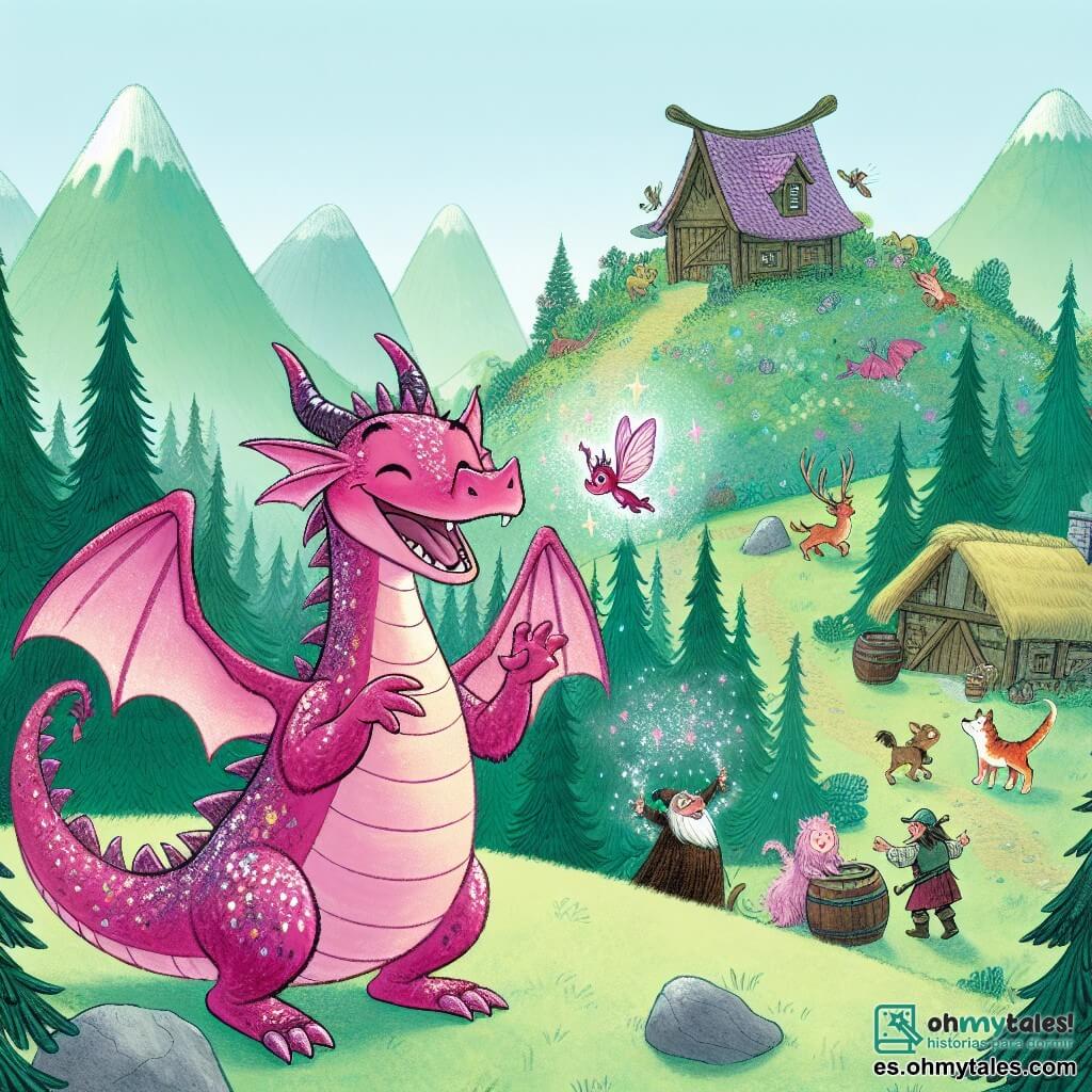 Une illustration destinée aux enfants représentant un dragon rose brillant, espiègle et plein d'humour, jouant des tours dans une ferme fantastique habitée par des créatures magiques, dans un petit village caché entre des montagnes verdoyantes et des bois mystérieux.