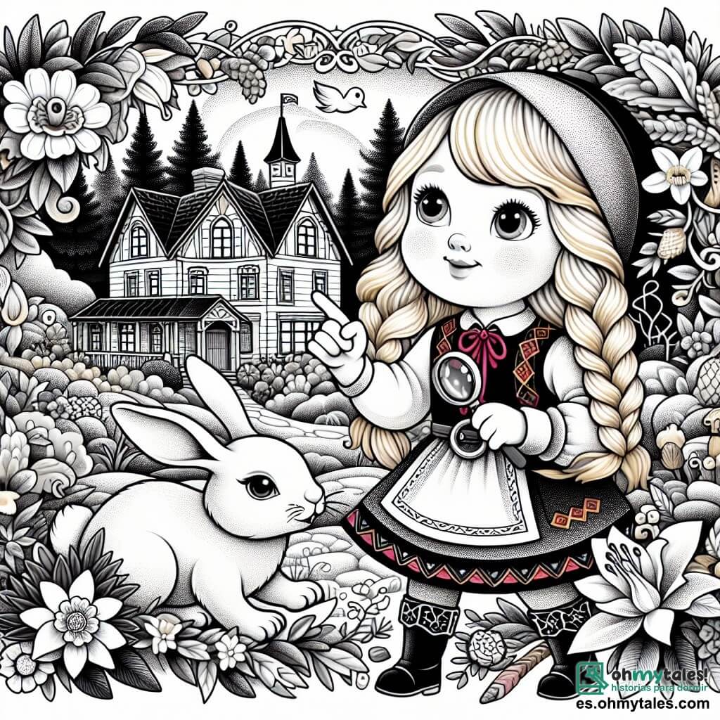 Une illustration destinée aux enfants représentant une petite fille curieuse et courageuse, résolvant un mystère avec l'aide d'un adorable lapin, dans une maison de campagne entourée de fleurs colorées et d'arbres majestueux.