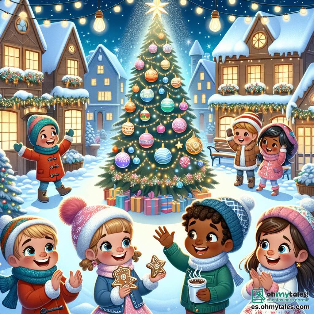 Ilustración que representa una escena mágica de una fiesta de invierno en una pequeña plaza central de un pueblo. La plaza está rodeada de casas de madera con techos nevados, decoradas con guirnaldas luminosas brillantes. En el centro, un gran árbol de Navidad brilla intensamente, adornado con bolas de colores y estrellas doradas. Cuatro niños están en primer plano: un niño de 8 años con cabello castaño y gafas, vestido con un abrigo rojo y un gorro azul, riendo mientras sostiene una taza de chocolate caliente. A su lado, una niña de 7 años con cabello rubio, una bufanda rosa y una sonrisa radiante, que muestra una galleta de jengibre. Otro niño de 9 años, con cabello negro y un abrigo verde, está haciendo un gesto teatral, como si contara una historia. Finalmente, una niña de 6 años, con cabello castaño y un vestido con motivos de copos de nieve, aplaude alegremente. La escena principal muestra a los niños celebrando juntos, rodeados de vecinos que los miran con admiración. Copos de nieve caen suavemente del cielo, añadiendo un toque mágico a la escena. En el fondo, faroles iluminan la plaza, creando una atmósfera cálida y festiva.