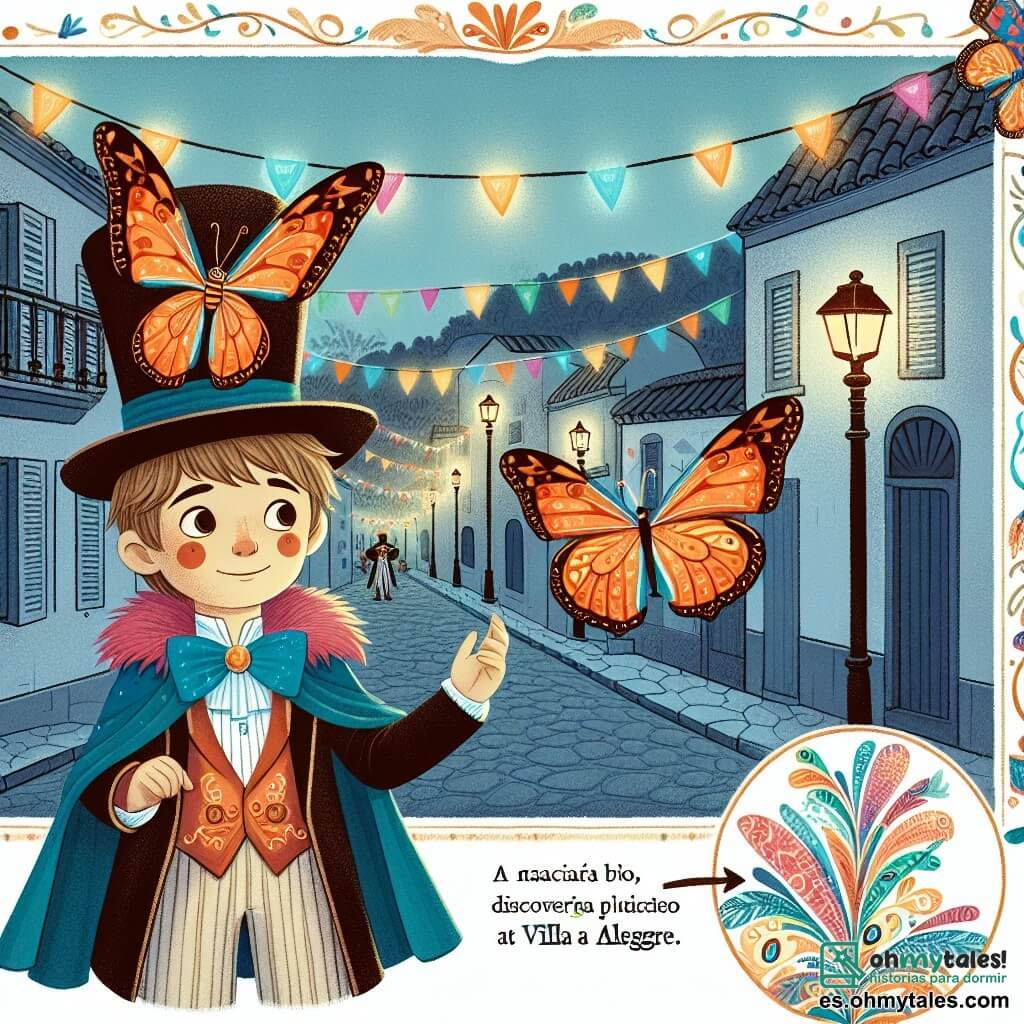 Une illustration destinée aux enfants représentant un jeune garçon vêtu d'un costume de magicien, découvrant ses ailes de papillon lors du Carnaval de Villa Alegre, un petit village aux rues décorées de guirlandes colorées et illuminées par des lanternes magiques.
