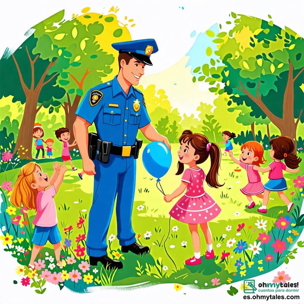 Une illustration sous forme de dessin destinée aux enfants représentant un parc ensoleillé avec des arbres verdoyants et des fleurs colorées, où un policier homme au uniforme bleu brillant et au sourire chaleureux aide une petite fille aux cheveux bruns en deux couettes à retrouver un ballon perdu, tandis qu'un groupe d'enfants joue joyeusement en arrière-plan, créant une atmosphère de camaraderie et d'aventure.