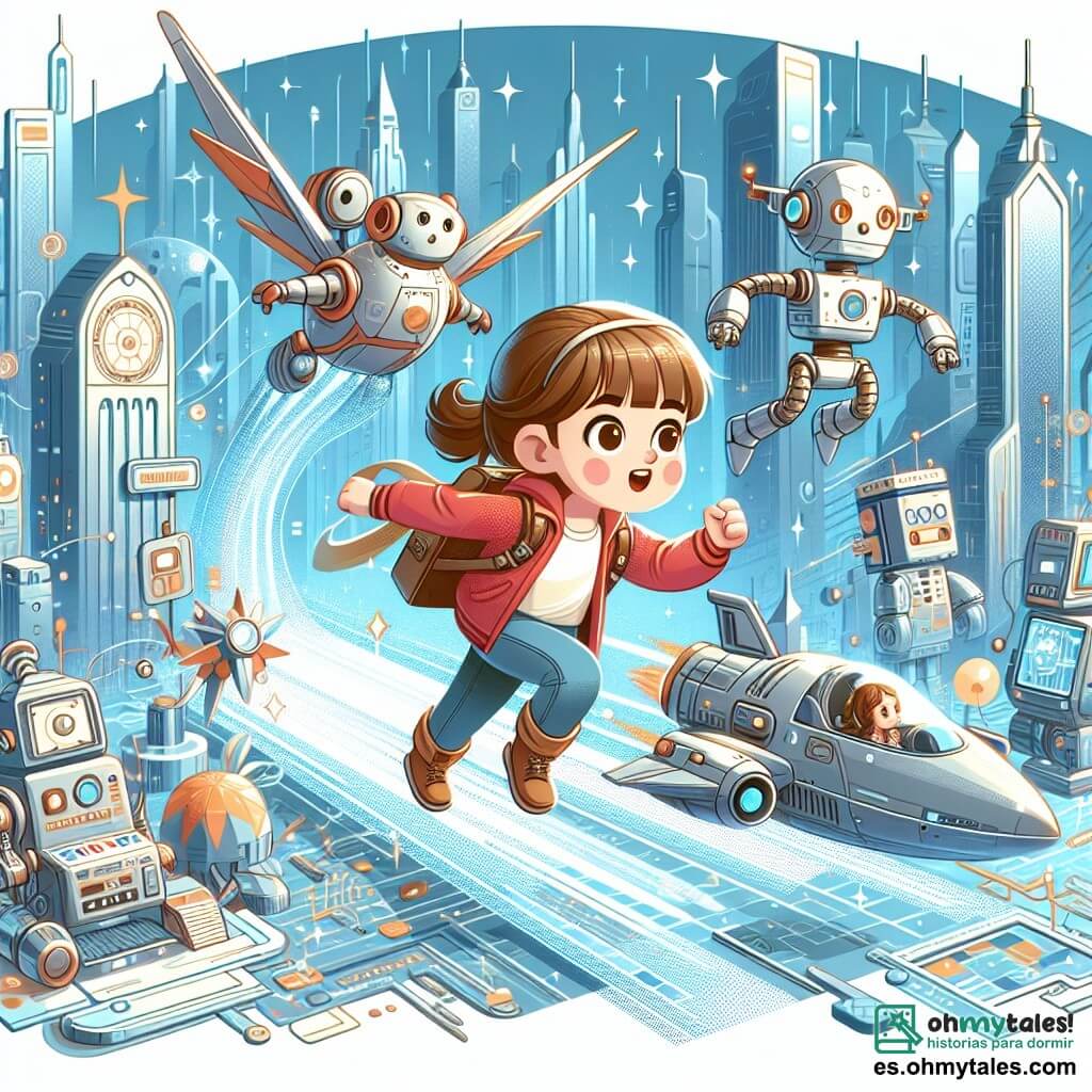 Une illustration destinée aux enfants représentant une courageuse petite fille plongée dans une aventure extraordinaire à travers le temps, accompagnée de robots amicaux, dans un monde futuriste rempli de gratte-ciels scintillants et de technologies étonnantes.