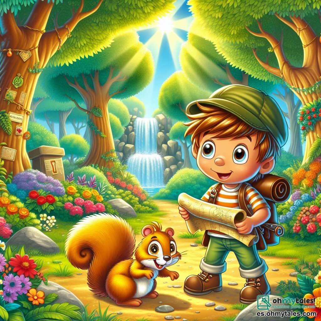 Une illustration sous forme de dessin destinée aux enfants représentant un parc magique ensoleillé, avec de grands arbres aux feuilles vertes et des fleurs colorées, où un garçon de 7 ans aux cheveux bruns en bataille, portant une gorra de petit explorateur et un t-shirt rayé, tient un vieux map enroulé dans ses mains, tandis qu'une petite ardille aux yeux pétillants et à la fourrure dorée l'observe avec curiosité, alors qu'ils se préparent à découvrir un trésor caché derrière une cascade scintillante, entourés d'une atmosphère d'aventure et de mystère.