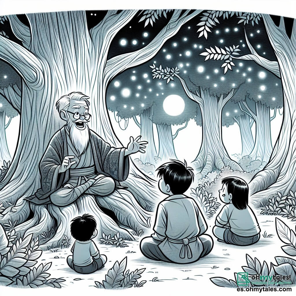 Une illustration sous forme de dessin destinée aux enfants représentant un paisible et magique forêt japonaise, avec des arbres majestueux aux troncs larges et des feuilles d'un vert éclatant, où un homme âgé à la barbe blanche et aux yeux sages, vêtu d'un kimono traditionnel, raconte une histoire aux enfants émerveillés qui l'entourent, comprenant un garçon aux cheveux noirs et ébouriffés, assis en tailleur, écoutant attentivement, tandis qu'une douce lumière lunaire filtre à travers les branches, créant une ambiance féerique et chaleureuse, symbolisant l'harmonie entre l'homme et la nature.
