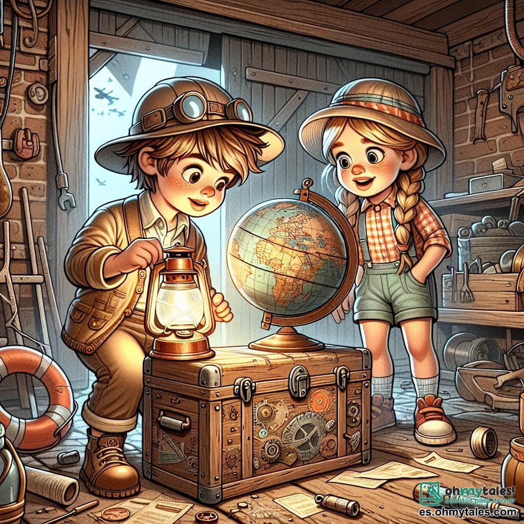 Une illustration sous forme de dessin destinée aux enfants représentant un vieux garaje en bois rempli de poussière et d'objets anciens, où un garçon de 11 ans aux cheveux bruns en bataille, portant une gorra de explorateur et tenant une linterna, examine avec fascination un ancien globe terrestre, tandis qu'une fille de son âge aux cheveux blonds tressés, vêtue d'une chemise à carreaux et d'un short, l'observe avec un sourire curieux, alors qu'ils découvrent ensemble un mystérieux appareil volant caché sous une boîte à outils, symbolisant leur aventure de petits explorateurs à la recherche de trésors oubliés.
