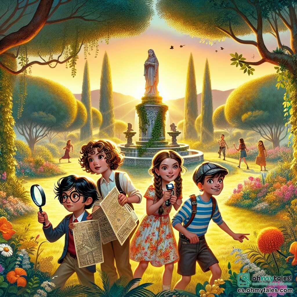 Ilustración que representa un parque encantado bañado de luz dorada, con grandes árboles de hojas verdes brillantes y flores coloridas esparcidas sobre un suave tapiz de hierba. En el centro, un grupo de cuatro niños: una niña de 8 años con cabello rizado castaño, vestida con un vestido de flores, que sostiene una lupa con aire decidido; otra niña de 8 años, con trenzas rubias, vestida con una camiseta a rayas, que observa atentamente un viejo mapa; una niña de 8 años con cabello negro liso, vestida con un short y una camiseta, que sonríe con entusiasmo; y por último, un niño de 8 años con gafas y cabello castaño, usando un sombrero de detective, que señala una antigua estatua cubierta de hiedra. La escena emana una atmósfera de aventura y misterio, con un cielo azul claro y pájaros cantando de fondo, mientras un pequeño arroyo brilla cerca, añadiendo un toque de magia al conjunto.
