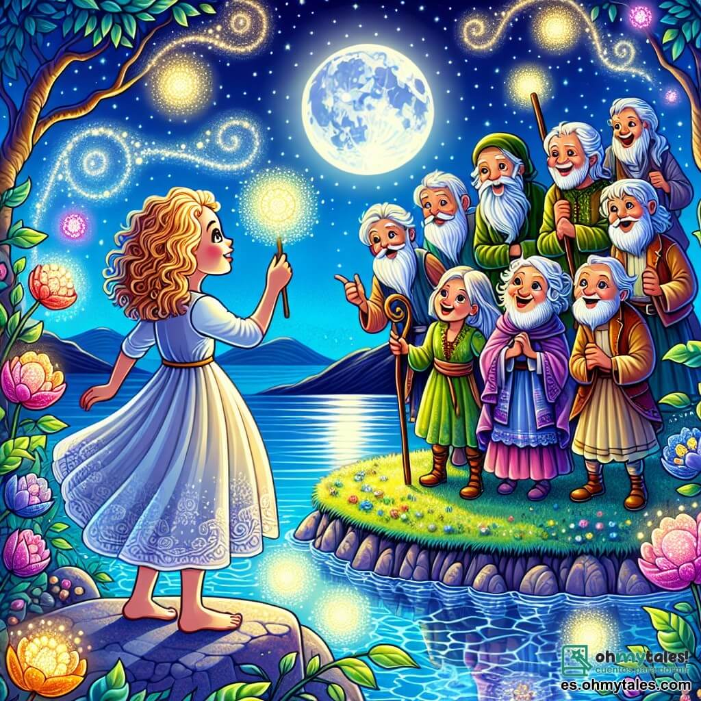 Une illustration sous forme de dessin destinée aux enfants représentant un clair de lune magique sur une île colorée, où une fille de 11 ans aux cheveux bouclés et aux yeux pétillants, vêtue d'une robe légère, se tient au bord d'un lac cristallin, écoutant attentivement les histoires d'un groupe d'anciens aux barbes blanches et aux visages souriants, tandis que des fleurs éclatantes dansent autour d'eux, symbolisant la quête de la vérité et de la sagesse au cœur de leur aventure.
