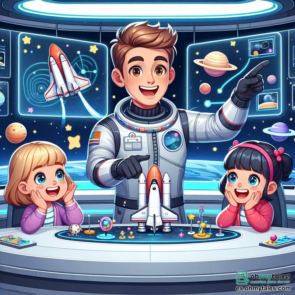 Une illustration sous forme de dessin destinée aux enfants représentant une station spatiale colorée flottant dans l'espace, avec des murs en verre et des écrans lumineux, où un homme souriant en costume spatial argenté, aux cheveux bruns et aux yeux pétillants, explique avec enthousiasme aux enfants (une fille aux cheveux blonds et une autre fille aux cheveux noirs, tous deux émerveillés) comment piloter une navette spatiale, entourés de jouets spatiaux et de modèles de planètes, illustrant l'excitation et la curiosité d'un voyage éducatif dans l'univers.