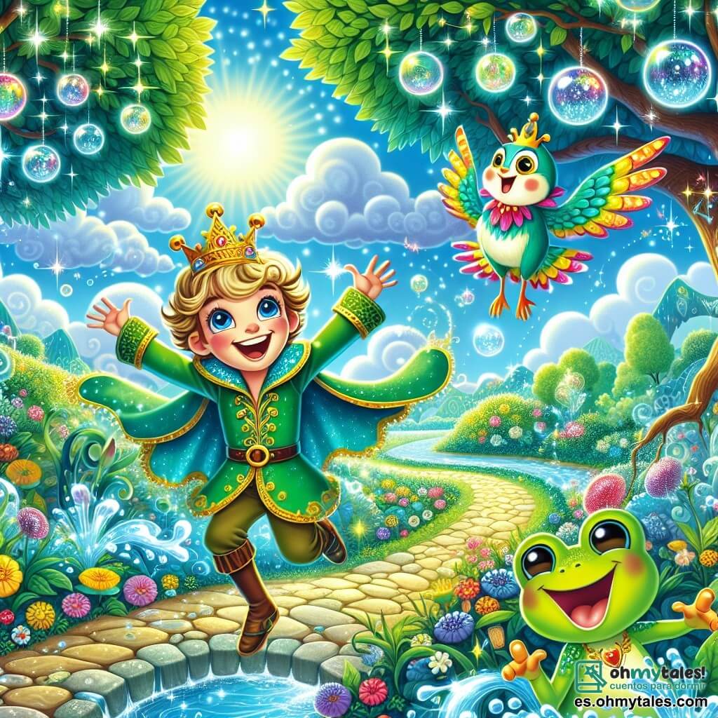 Ilustración que representa un magnífico reino encantado, con árboles de hojas multicolores que ríen al soplo del viento, un cielo azul brillante salpicado de nubes en forma de caramelos, y un camino de flores centelleantes que conduce a un arroyo de aguas burbujeantes. En el centro de la escena, un joven príncipe, un niño de unos diez años, lleva una capa verde brillante y una sonrisa radiante que ilumina su rostro. Está saltando de alegría, con los brazos levantados hacia el cielo, rodeado de burbujas de agua que estallan a su alrededor. A su lado, una pequeña rana mágica, verde y traviesa, con un gran sombrero rojo, salta alegremente, con sus ojos brillando de picardía. Un pajarito azul, con plumas vivas y un pico amarillo, vuela por encima de ellos, cantando una melodía alegre. La situación principal muestra a los tres amigos en plena aventura, riendo y jugando junto al arroyo, mientras burbujas de agua estallan a su alrededor, creando una atmósfera de felicidad y magia. La escena irradia un ambiente lúdico y encantado, lleno de colores vivos y alegría.