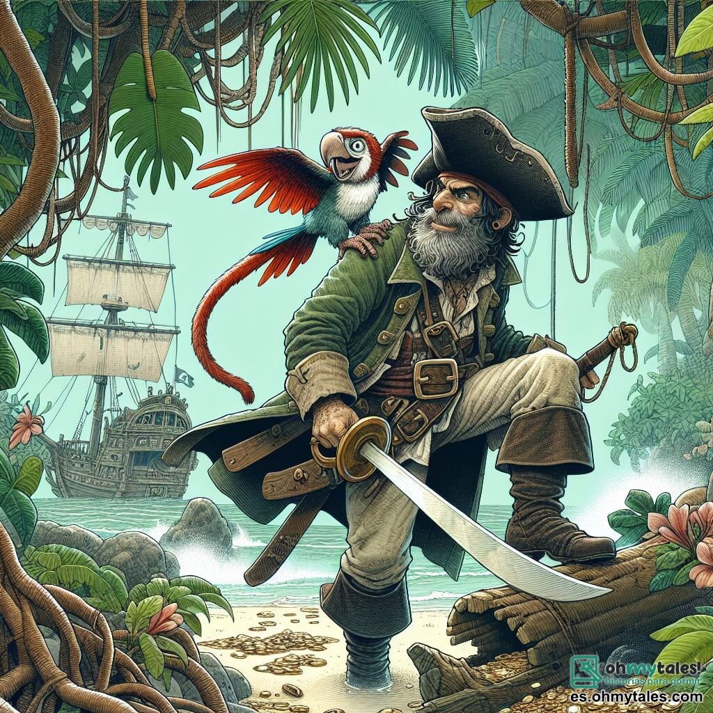 Une illustration destinée aux enfants représentant un courageux pirate, avec un singe espiègle comme compagnon, explorant une île mystérieuse recouverte de végétation luxuriante et cachant des trésors enfouis.