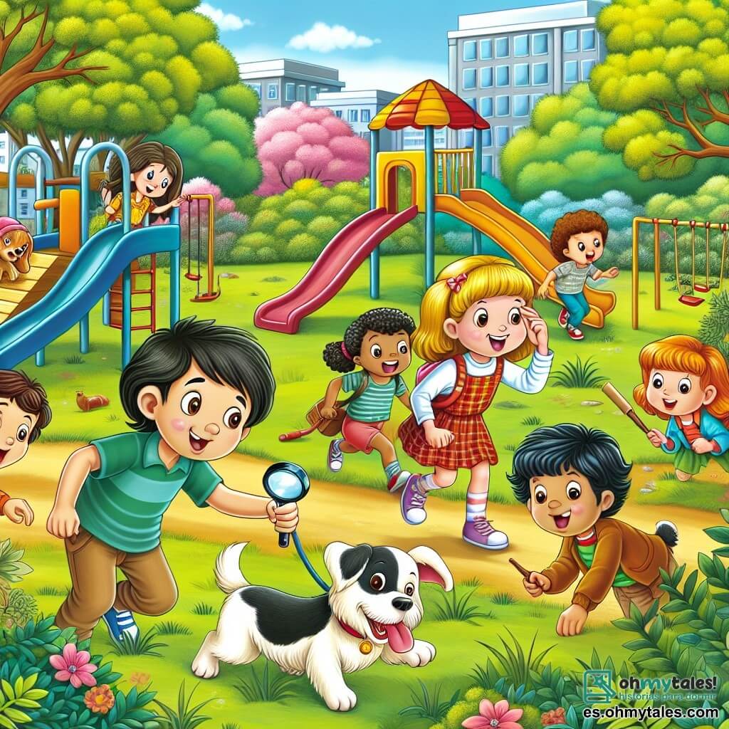 Une illustration destinée aux enfants représentant une fillette espiègle, ses copains et son chien en train de chercher un trésor caché dans un parc coloré rempli de toboggans, balançoires et arbres en fleurs.