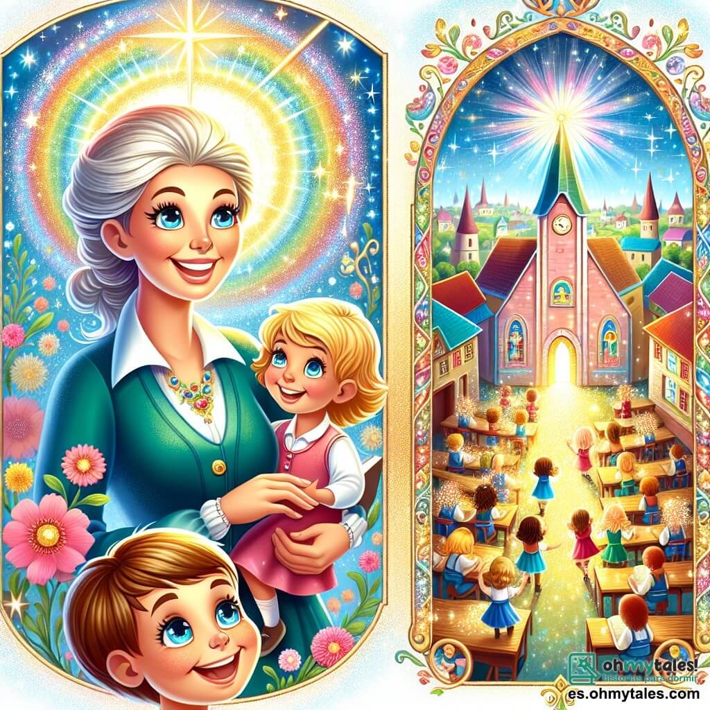 Une illustration destinée aux enfants représentant une maîtresse au sourire radieux, une salle de classe colorée remplie d'enfants joyeux, et un petit garçon aux yeux brillants, se déroulant dans une école magique au cœur d'un village enchanté.