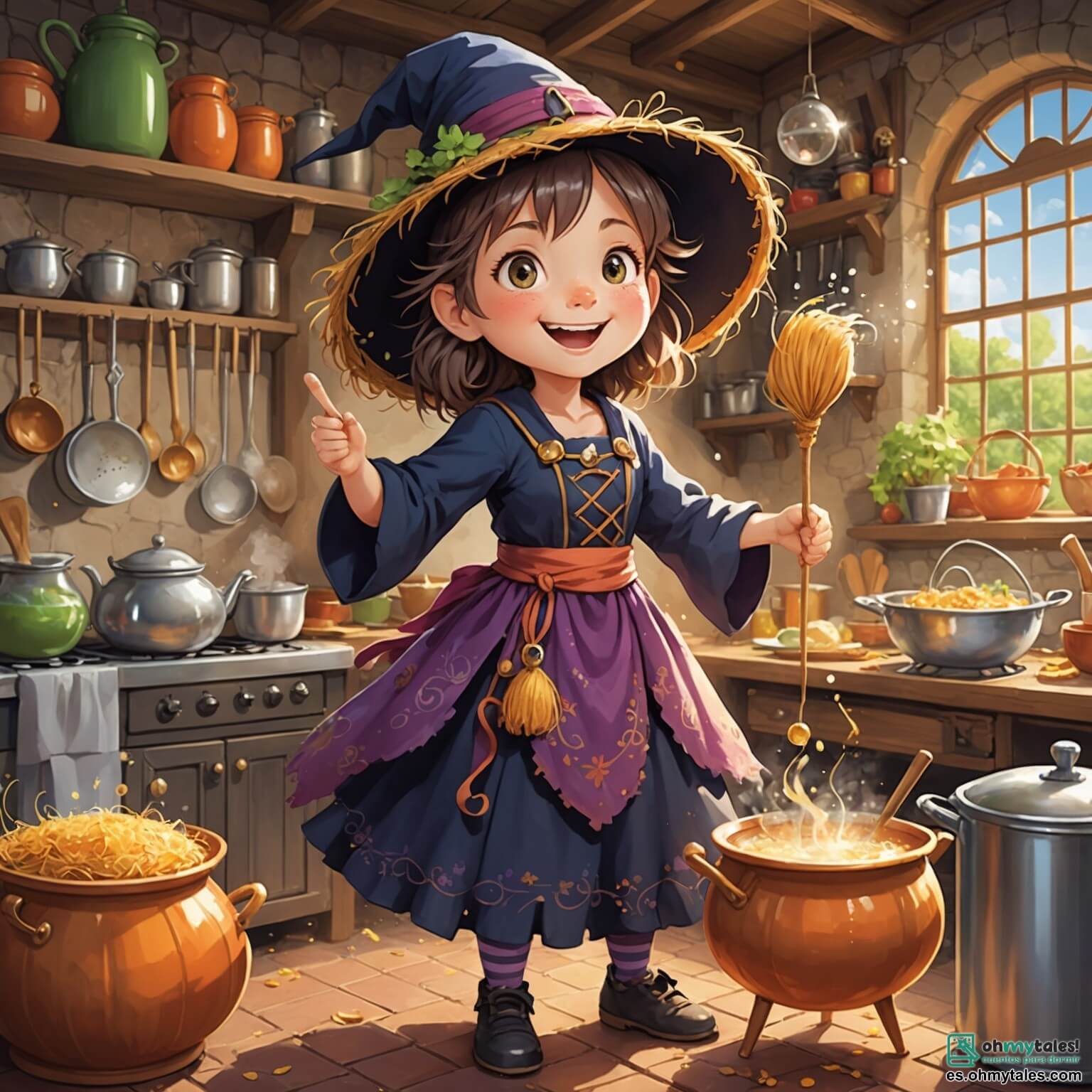 Une illustration destinée aux enfants représentant une sorcière pétillante aux cheveux en désordre comme une balayette de paille, portant une tunique colorée qui semble danser au gré du vent, se tenant dans sa cuisine magique remplie de chaudrons bouillonnants et d'ingrédients scintillants, alors qu'elle concocte un sort de rires pour sa fidèle escoba espiègle, une jeune fille pleine de vie, et son chat paresseux, un garçon dodu aux yeux malicieux, le tout dans un forêt enchantée où les arbres aux troncs tordus murmurent des secrets et où les fleurs multicolores s'épanouissent sous un ciel étoilé, créant une atmosphère à la fois ensorcelante et joyeuse.