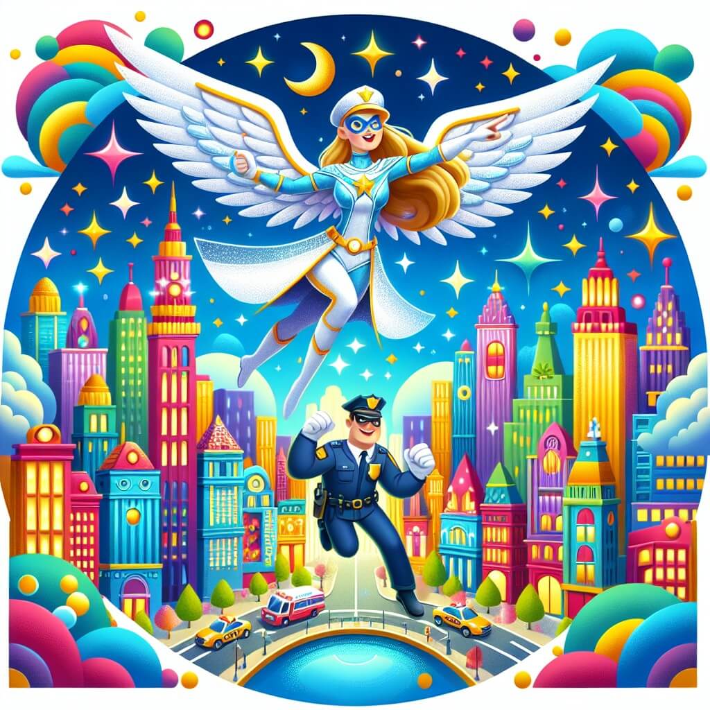 Une illustration destinée aux enfants représentant une femme super-héroïne aux ailes scintillantes, volant au-dessus d'une cité fantastique remplie de gratte-ciels aux couleurs vives, tandis qu'elle affronte un méchant invisible avec l'aide d'une policière courageuse, dans la vibrante et magique Fantasilandia.