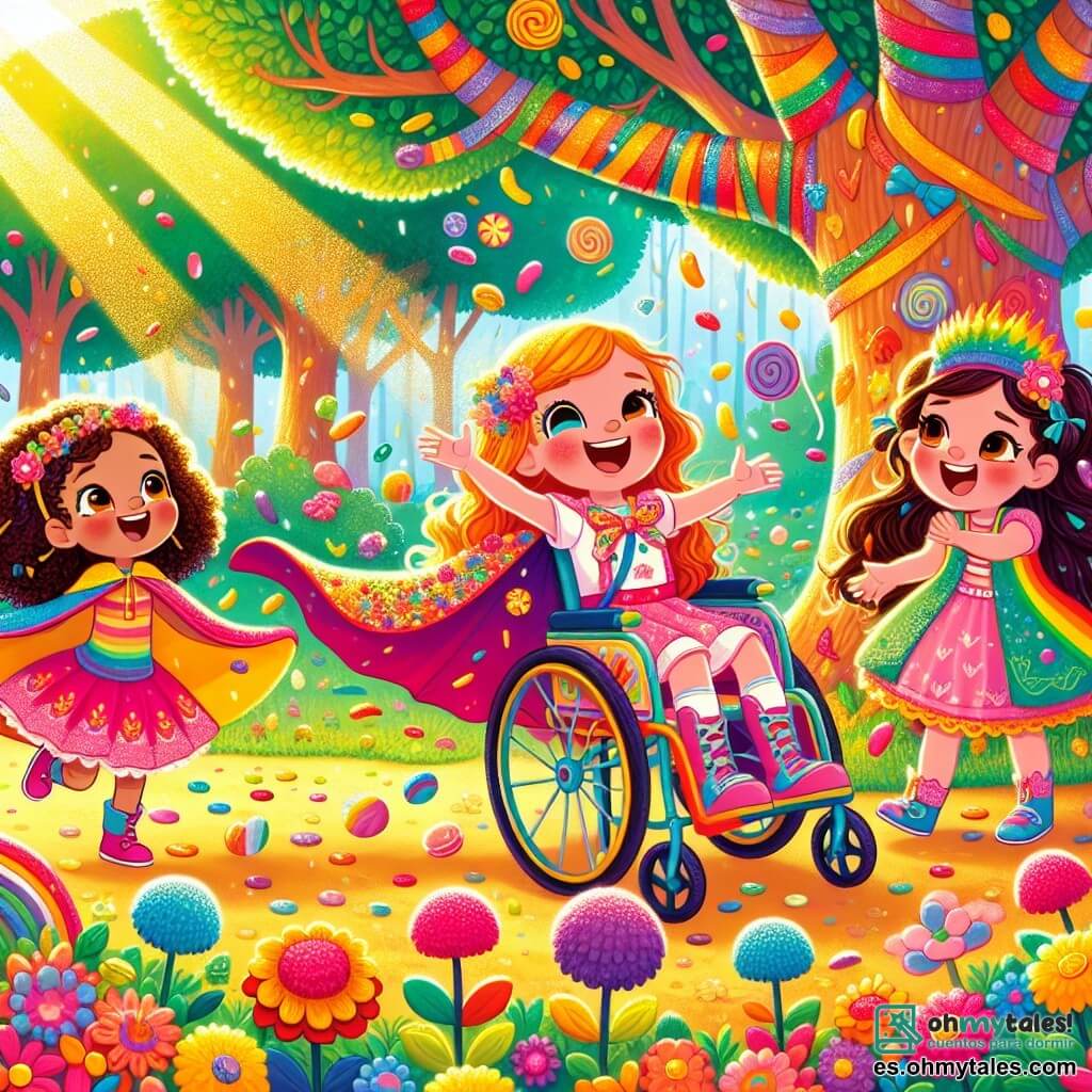 Ilustración que representa un magnífico y colorido bosque encantado, donde los árboles son altos y majestuosos, con hojas en tonos brillantes de verde, amarillo y rojo. Flores multicolores salpican el suelo, y rayos de sol filtran a través de las ramas, iluminando la escena con una luz dorada. En el centro de la imagen, tres jóvenes aventureros: una niña de tres años con una capa de colores vivos que arrastra detrás de ella, una gran sonrisa en su rostro y cabello rizado. A su lado, otra niña, también de tres años, con cabello liso y una gran alegría en los ojos, que parece lista para reír. Finalmente, una pequeña de tres años, sentada en una silla de ruedas decorada con motivos de unicornio, con cabello trenzado y una mirada llena de emoción. La situación principal muestra a las tres amigas riendo juntas mientras una lluvia de caramelos coloridos cae del cielo, creando un ambiente alegre y mágico. Burbujas de colores flotan a su alrededor, y un pájaro curioso, con una estrella brillante en la cabeza, canta alegremente. En el fondo, criaturas fantásticas como hadas y animales del bosque las observan con expresiones divertidas, añadiendo un toque de magia a esta escena lúdica.