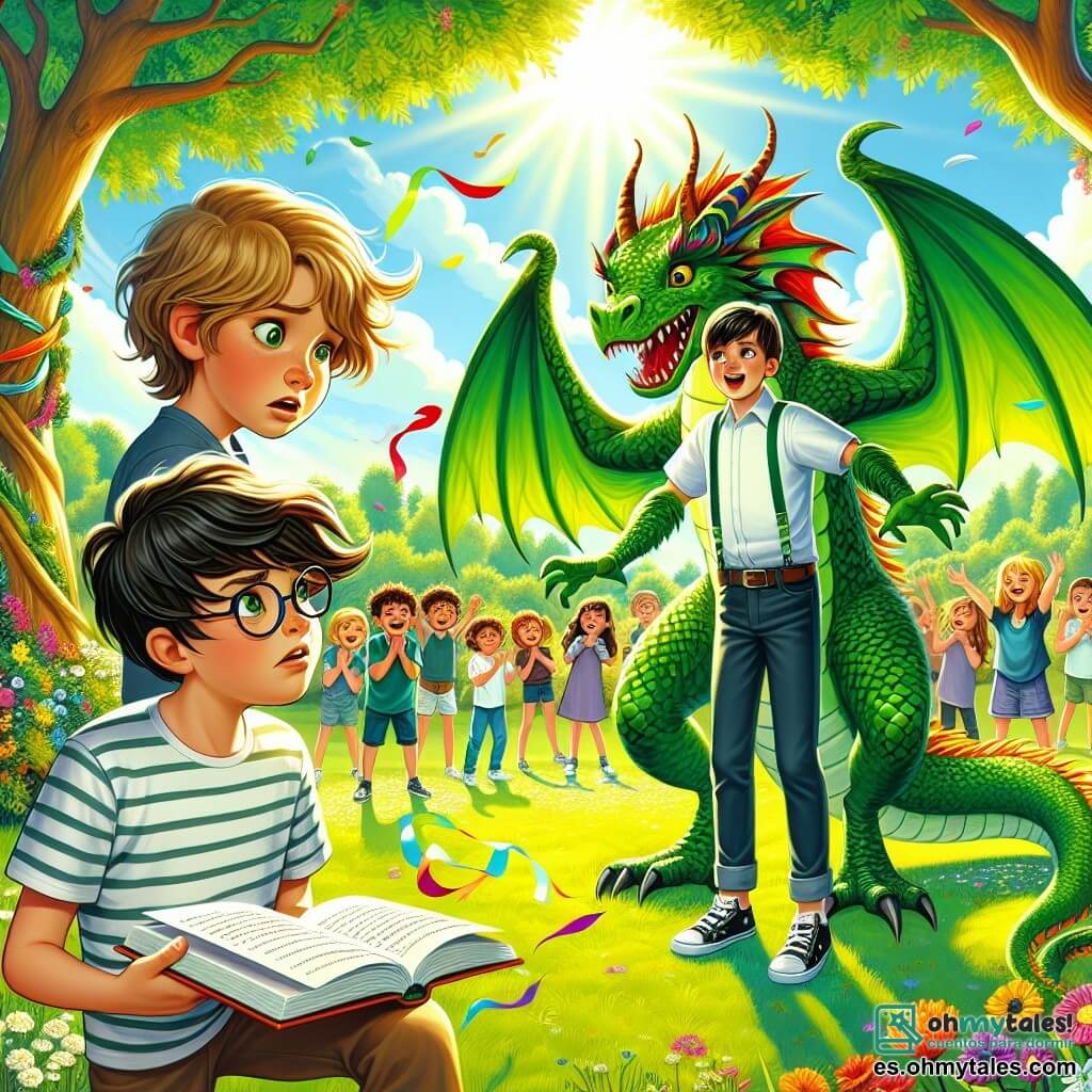 Ilustración que representa una escena al aire libre en un parque soleado, con árboles de hojas verdes brillantes y flores coloridas que bailan en la brisa. En el centro de la imagen, una niña de 11 años, con largos cabellos castaños y gafas, mira con aire preocupado, sosteniendo un libro abierto en sus manos. A su lado, un niño de 11 años, con cabello rubio alborotado y una sonrisa traviesa, está disfrazado de dragón, con escamas verdes y alas coloridas, listo para desempeñar su papel. Otro niño, de 11 años, con cabello negro y una expresión seria, los observa atentamente, con los brazos cruzados, como si reflexionara sobre la situación. La escena representa el momento en que la niña, interpretando a un niño que miente, debe enfrentarse al dragón, simbolizando las consecuencias de sus mentiras. Al fondo, niños ríen y aplauden, creando una atmósfera de espectáculo y emoción. Burbujas de diálogo coloridas flotan alrededor de los personajes, ilustrando las palabras de la niña que confiesa sus mentiras y las lecciones que aprende. El cielo es de un azul brillante, con algunas nubes blancas, añadiendo a la atmósfera alegre y lúdica de la ilustración.
