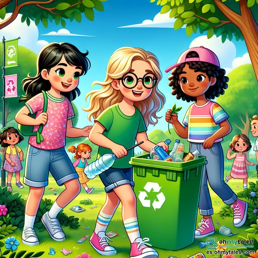 Ilustración que representa un parque verde bajo un cielo azul brillante, con árboles frondosos y flores coloridas que bailan al viento. En el centro, tres niñas de unos 10 años recogen basura. Una de ellas, con cabello castaño y gafas, lleva una camiseta verde y un short de mezclilla, sonriendo con entusiasmo. La segunda, con cabello rubio y rizado, viste un vestido colorido y sostiene un gran contenedor de reciclaje, explicando a sus amigas cómo clasificar los residuos. La tercera, con cabello negro y una gorra, lleva una camiseta rosa y zapatillas, recogiendo una botella de plástico con una expresión decidida. Al fondo, niños y padres se unen a ellas, creando un ambiente de camaradería y compromiso con la protección del medio ambiente. Carteles coloridos sobre reciclaje y protección del planeta están colgados en los árboles, añadiendo un toque educativo a la escena.