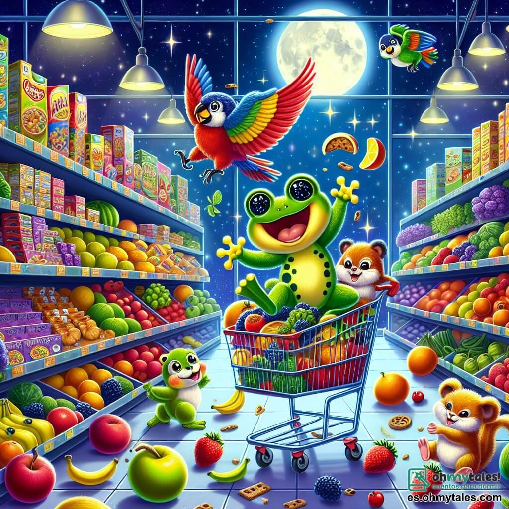 Ilustración que representa una escena animada dentro de un gran supermercado colorido, con estantes desbordando de frutas y verduras brillantes, cajas de cereales multicolores y luces centelleantes que crean una atmósfera mágica. En el centro, una pequeña rana verde con ojos brillantes y manchas amarillas, saltando alegremente sobre un carrito de compras abandonado, con una amplia sonrisa en su rostro. A su lado, un loro de plumas brillantes, rojo y azul, que vuela en círculos alrededor de ella, y un pequeño hámster de pelaje dorado, que disfruta mordisqueando una golosina encontrada en el suelo. La situación principal muestra a la rana y sus amigos en una carrera loca a través de los pasillos, causando un alegre desorden, con frutas que ruedan y cajas que caen, mientras una luz de luna filtra a través de una ventana abierta, añadiendo un toque de magia a esta aventura nocturna.