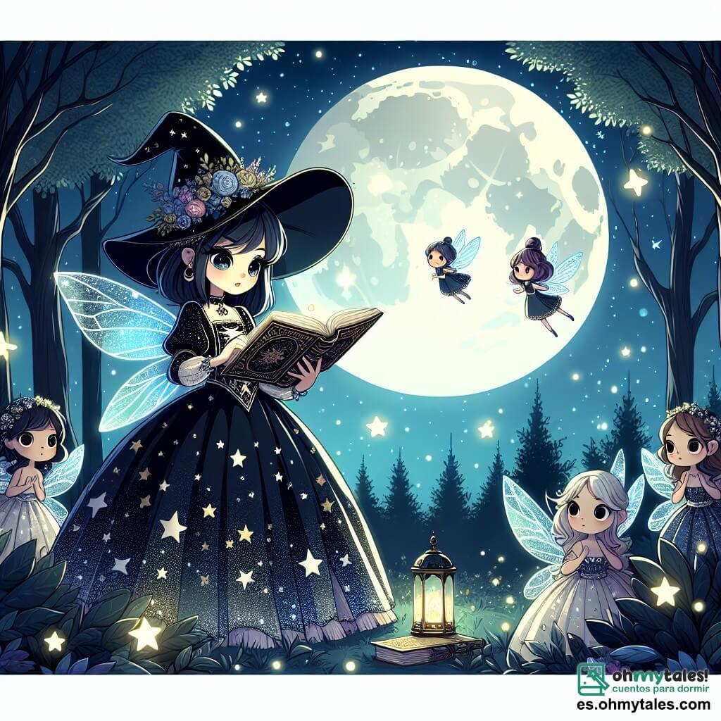 Une illustration sous forme de dessin destinée aux enfants représentant un clair de lune magique dans une forêt enchantée, où une jeune fille aux cheveux noirs azabache et aux yeux pétillants, vêtue d'une robe de sorcière ornée d'étoiles, tient un grand livre ancien ouvert, entourée de créatures féeriques aux ailes scintillantes qui l'observent avec curiosité, alors qu'elle s'apprête à lancer un sort pour découvrir les secrets de la magie, avec des arbres majestueux et des lucioles illuminant la scène d'une lueur douce et mystérieuse.