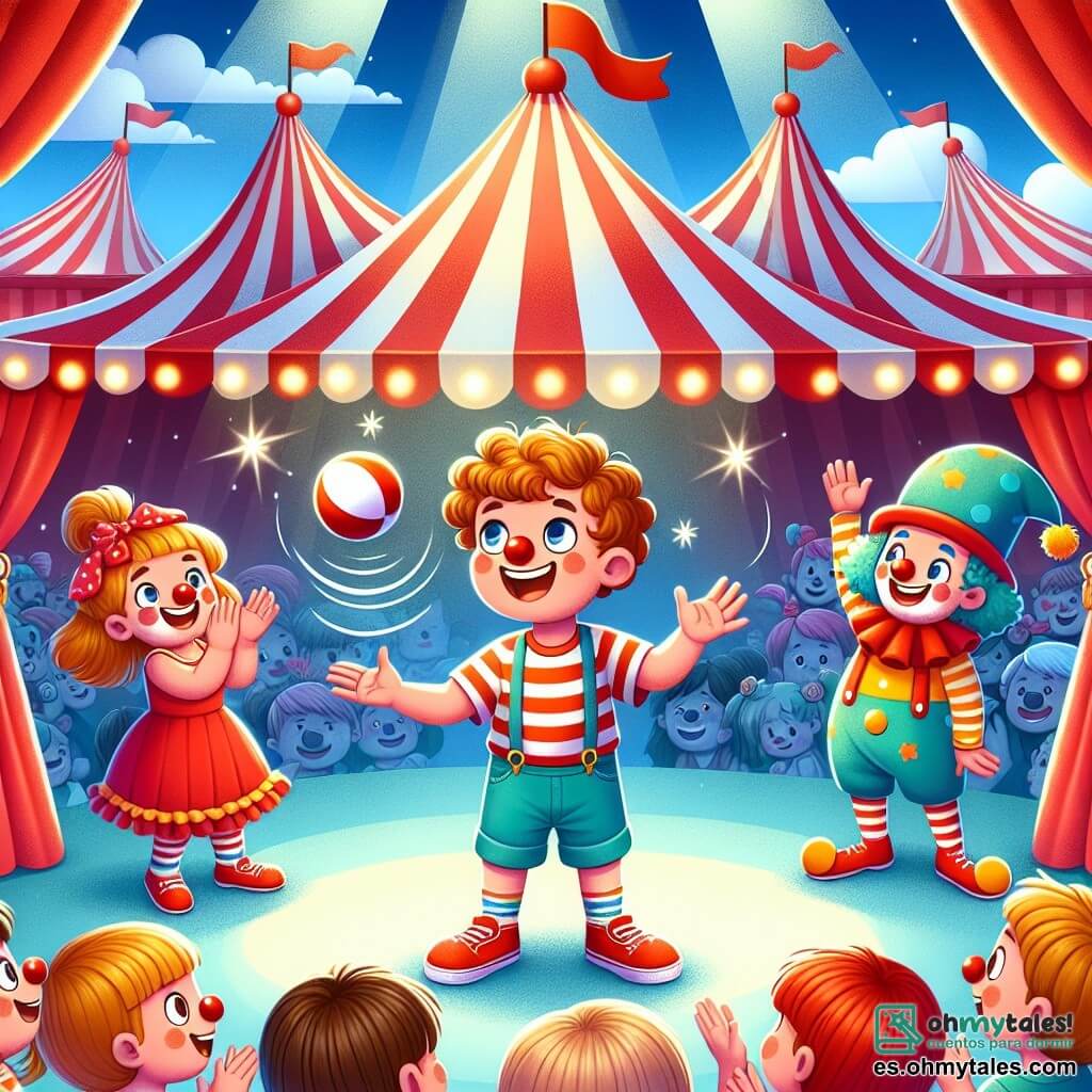 Une illustration sous forme de dessin destinée aux enfants représentant un cirque coloré et animé, avec des tentes rayées rouges et blanches sous un ciel bleu éclatant, où un petit garçon de 3 ans aux cheveux bouclés et à la peau claire, vêtu d'une t-shirt à rayures et d'un short, s'entraîne à jongler avec une petite balle, entouré de deux joyeux clowns aux nez rouges et aux costumes multicolores, qui rient et l'encouragent, tandis qu'une foule émerveillée applaudit et sourit, capturant l'esprit de joie et de magie du cirque.