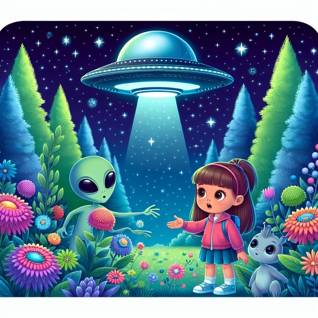 Une illustration destinée aux enfants représentant une petite fille curieuse qui rencontre des extraterrestres dans un parc magique, entouré de fleurs colorées et d'arbres majestueux, avec une navette spatiale brillante se posant doucement dans le ciel étoilé.