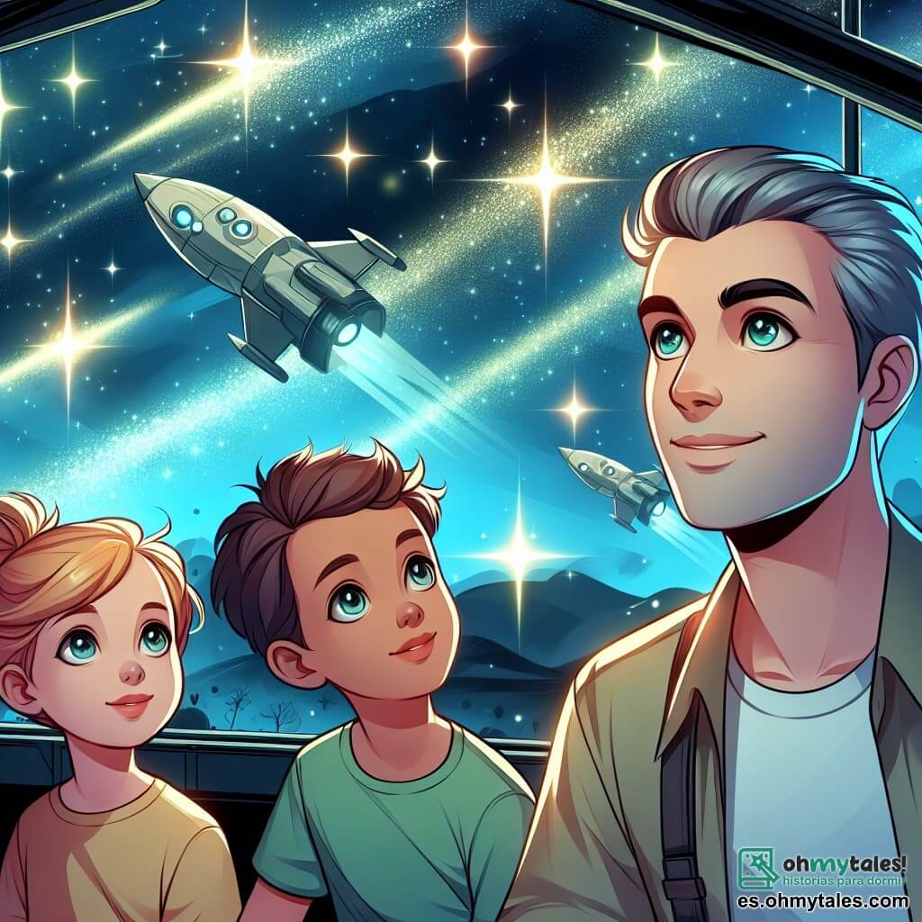 Une illustration destinée aux enfants représentant un homme aux yeux brillants, accompagné de trois enfants curieux, observant le ciel étoilé depuis une base spatiale futuriste entourée de navettes spatiales et étoiles scintillantes.