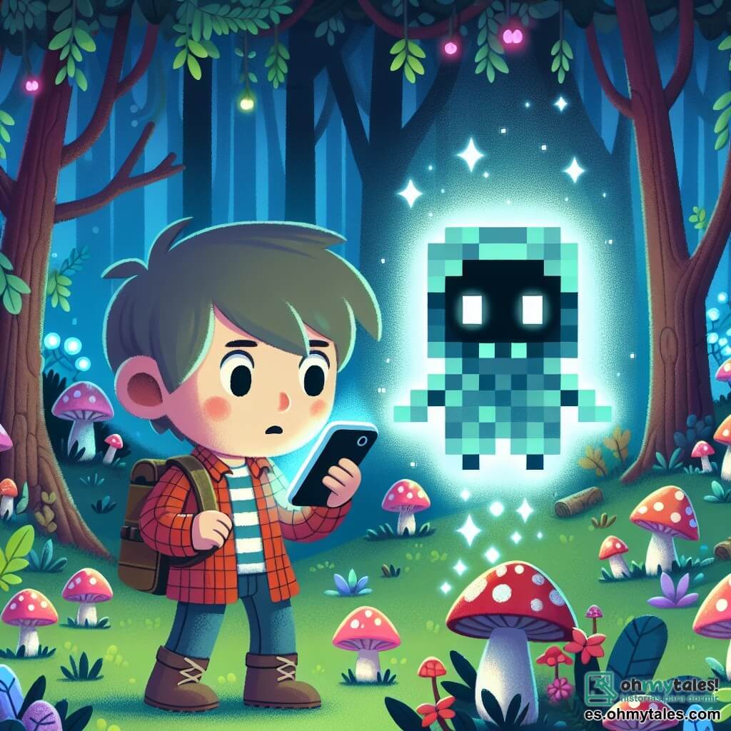Une illustration destinée aux enfants représentant un garçon curieux tenant un téléphone intelligent, observant un mystérieux personnage pixelisé dans une forêt enchantée parsemée de champignons lumineux et d'arbres aux couleurs vives.
