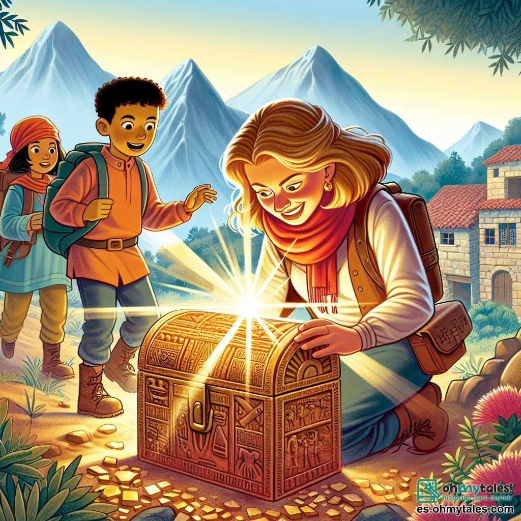 Une illustration destinée aux enfants représentant une archéologue passionnée découvrant un trésor ancien avec l'aide de deux jeunes explorateurs, dans un village pittoresque au pied des montagnes, où les rayons du soleil illuminent les vestiges enfouis depuis des siècles.