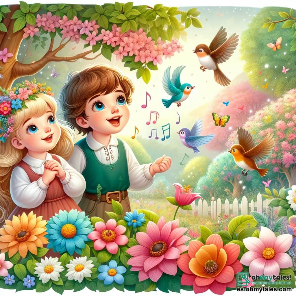 Une illustration destinée aux enfants représentant un jeune garçon émerveillé par la beauté de la nature au printemps, accompagné de son amie, dans un parc enchanté rempli de fleurs colorées, d'oiseaux chantants et de papillons virevoltants.