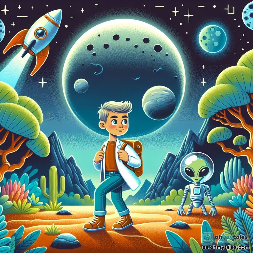 Une illustration destinée aux enfants représentant un homme scientifique intrépide, accompagné d'une civilisation extraterrestre avancée, explorant un planète inconnue aux paysages lumineux et mystérieux.