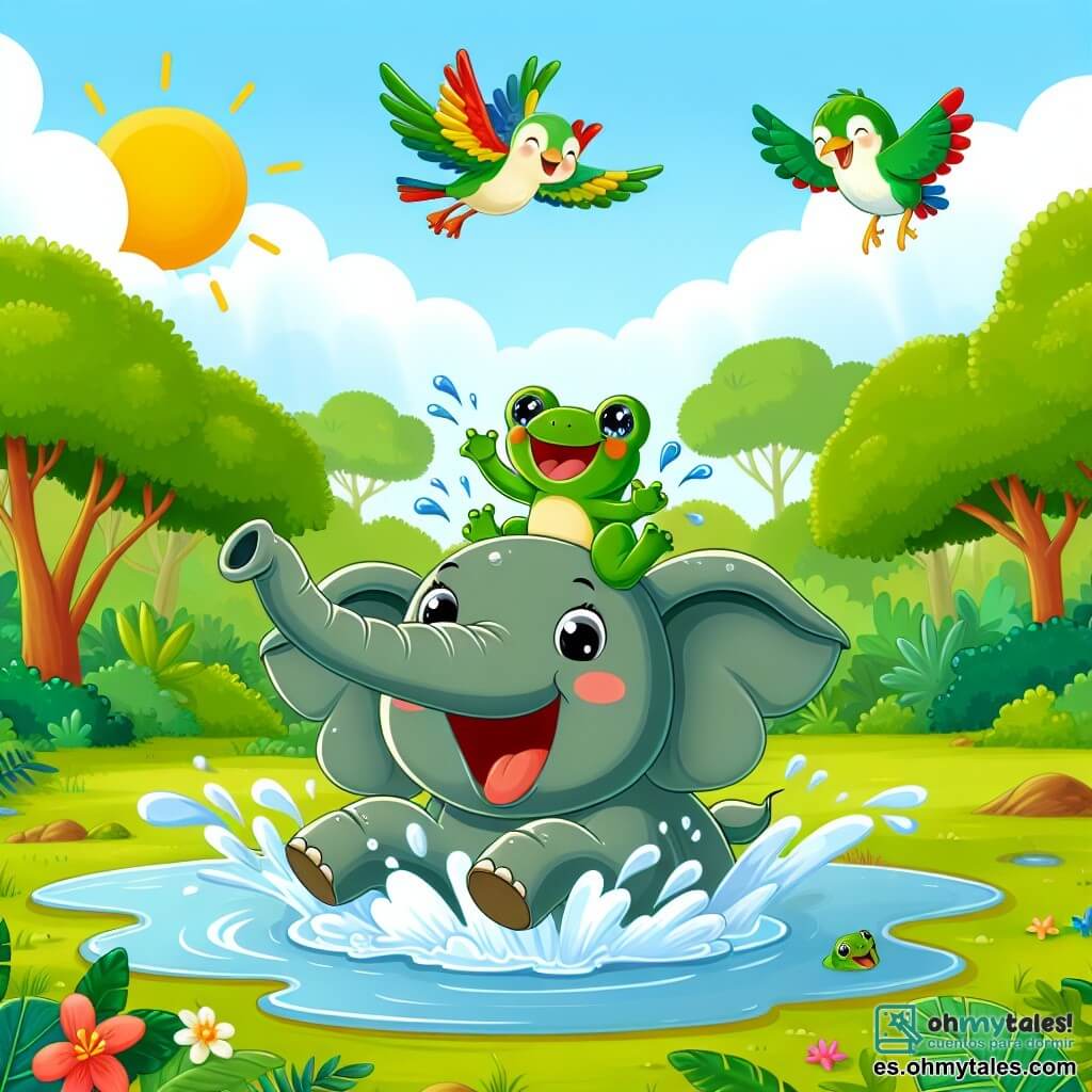 Une illustration sous forme de dessin destinée aux enfants représentant un vaste et verdoyant forêt tropicale, avec un éléphant aux grandes oreilles et à la trompe longue, riant joyeusement en sautant dans un grand trou d'eau, tandis qu'une petite grenouille verte aux yeux pétillants et un oiseau coloré aux plumes vives se tiennent sur son dos, tous éclaboussant d'eau et partageant un moment de pur bonheur et d'amitié sous un ciel ensoleillé.