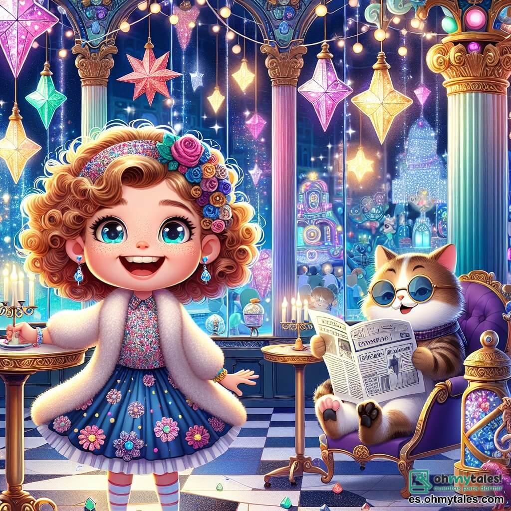 Une illustration sous forme de dessin destinée aux enfants représentant un café magique aux murs en cristal scintillant, décoré de lumières colorées et de étoiles en papier, où une petite fille de 7 ans aux cheveux bouclés et aux yeux pétillants, vêtue d'une robe aux motifs de fleurs, se tient au centre, souriante et pleine d'enthousiasme, tandis qu'un chat élégant avec des lunettes de soleil, assis sur une table flottante, lit un journal et observe la scène, alors qu'ils préparent ensemble une réunion entre des créatures fantastiques et des robots pour unir la magie et la technologie dans une ambiance joyeuse et colorée.
