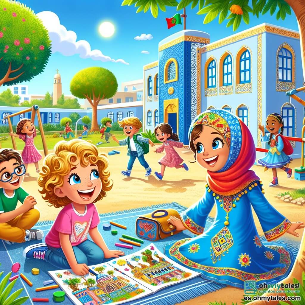 Ilustración que representa una escena animada en una escuela colorida y acogedora, con paredes pintadas de azul claro y ventanas que dejan entrar la luz del sol. En el patio, árboles de hojas verdes vibrantes se mecen suavemente con el viento, mientras los niños juegan alegremente alrededor de un gran parque infantil. En primer plano, una niña de siete años, con cabello rubio rizado y una gran sonrisa, lleva una camiseta rosa y pantalones cortos. A su lado, un niño de siete años, con cabello castaño y gafas, está sentado en el suelo, sosteniendo un dibujo colorido. Un poco más lejos, una niña de origen marroquí, también de siete años, con un bonito vestido azul adornado con patrones coloridos y un pañuelo rojo en la cabeza, observa con entusiasmo a los dos niños. La escena principal muestra a los tres niños compartiendo historias sobre sus culturas, rodeados de dibujos y objetos simbólicos de sus orígenes. Elementos gráficos adicionales incluyen ilustraciones de paisajes marroquíes de fondo, colores vivos y patrones tradicionales, así como burbujas de diálogo con palabras en árabe y francés, simbolizando el intercambio cultural y la amistad.