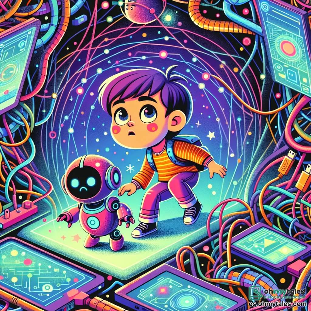 Une illustration destinée aux enfants représentant une jeune fille curieuse, plongée dans un monde virtuel, accompagnée de son fidèle ami robot, explorant un cyberespace coloré rempli d'écrans lumineux et de câbles entremêlés.