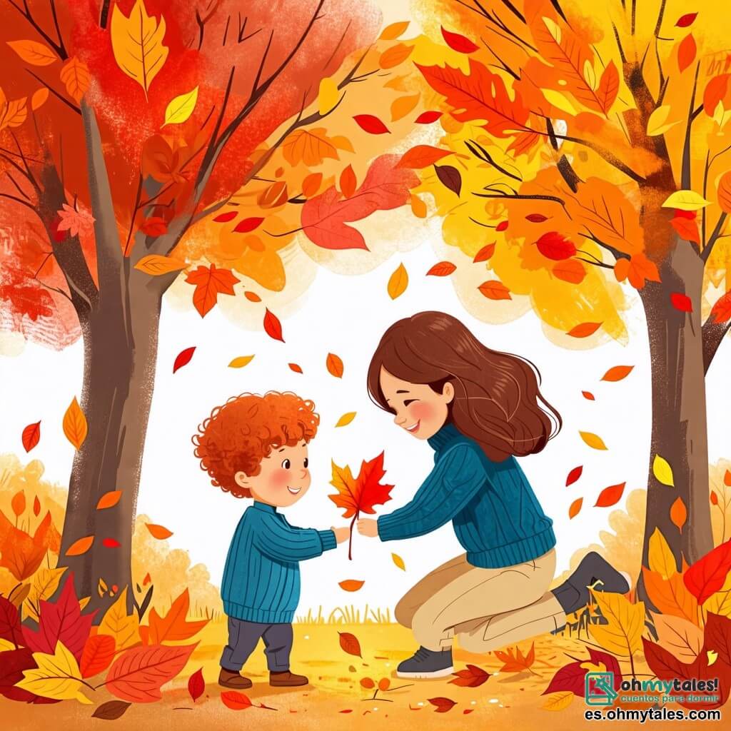 Une illustration sous forme de dessin destinée aux enfants représentant un parc en automne, avec des arbres aux feuilles rouges, jaunes et oranges, où un garçon de 2 ans aux cheveux bouclés et aux yeux pétillants, vêtu d'un pull bleu et d'un pantalon beige, s'amuse à ramasser une feuille colorée, tandis que sa maman, une femme souriante aux cheveux châtains, l'observe avec tendresse, et des feuilles tourbillonnent autour d'eux dans une douce brise automnale, capturant la magie et la joie de cette saison.