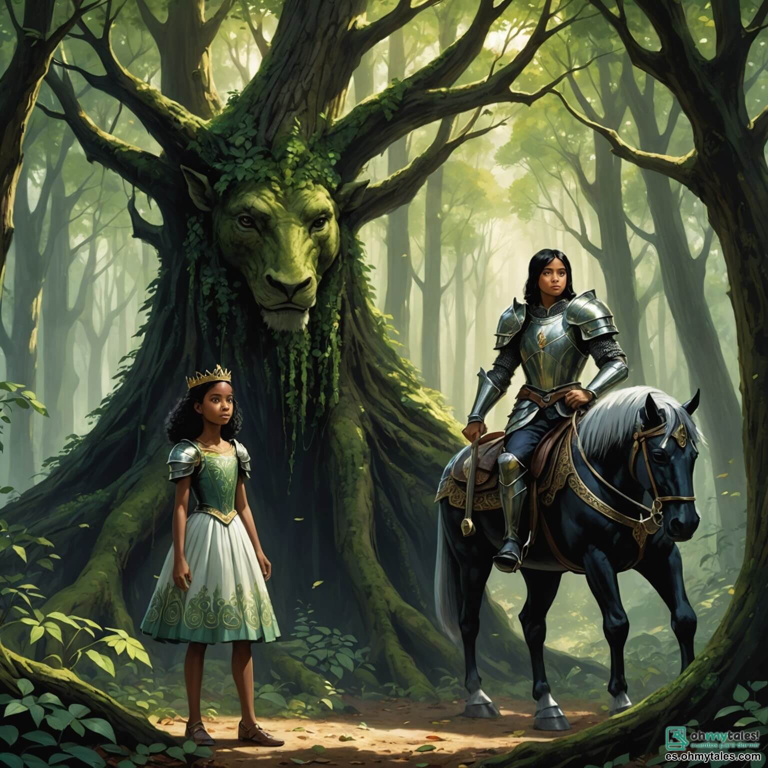 Une illustration destinée aux enfants représentant une jeune fille à la peau d'ivoire et aux cheveux d'ébène, perdue dans une forêt enchantée où les arbres majestueux aux feuilles scintillantes forment un toit verdoyant, tandis qu'un prince courageux, vêtu d'une armure étincelante, s'approche d'elle avec un regard déterminé, tous deux cherchant à échapper à l'ombre menaçante d'une reine jalouse qui se cache derrière les troncs noueux.