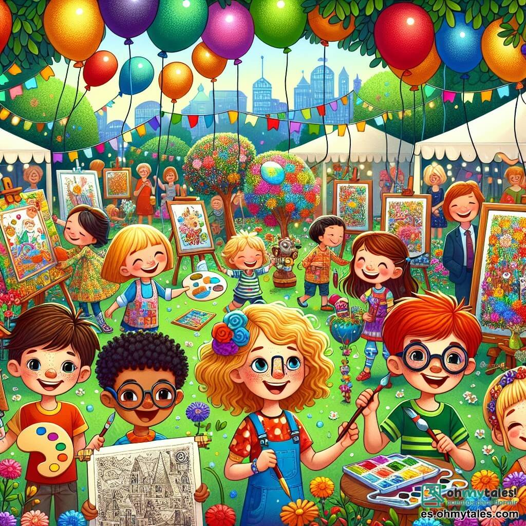 Ilustración que representa un parque colorido y animado, lleno de flores brillantes y globos flotantes. En el centro, un grupo de cinco niños está junto, cada uno con un aire entusiasta. Hay un niño de cabello castaño, de unos 10 años, con una camisa azul y una sonrisa radiante, sosteniendo una paleta de pintura y un pincel. A su lado, una niña de cabello rubio, también de 10 años, con un vestido colorido, mira con admiración las obras de arte colgadas a su alrededor. Otro niño, con gafas y cabello negro, está manipulando un pequeño robot que pinta, mientras que un niño de cabello pelirrojo, vestido con una camiseta verde, muestra un viejo pergamino con mapas del tesoro. Por último, una niña de cabello rizado, vestida con una blusa de estampados, recita un poema con pasión. La escena principal muestra a estos niños compartiendo sus creaciones durante una exposición de arte, rodeados de aldeanos maravillados. Luces centelleantes iluminan el parque, y risas y aplausos resuenan en el aire, simbolizando la igualdad y la celebración de la creatividad. Detalles como guirnaldas de colores, obras de arte colgadas en los árboles y niños de todas las edades admirando las creaciones añaden a la atmósfera alegre e inclusiva del evento.