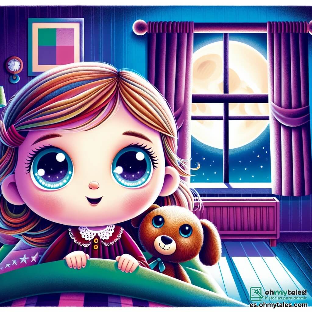 Une illustration destinée aux enfants représentant une petite fille aux yeux grands et curieux, confrontée à sa peur du noir, accompagnée de son fidèle peluche, dans une chambre colorée avec une grande fenêtre laissant entrer la lumière de la lune.