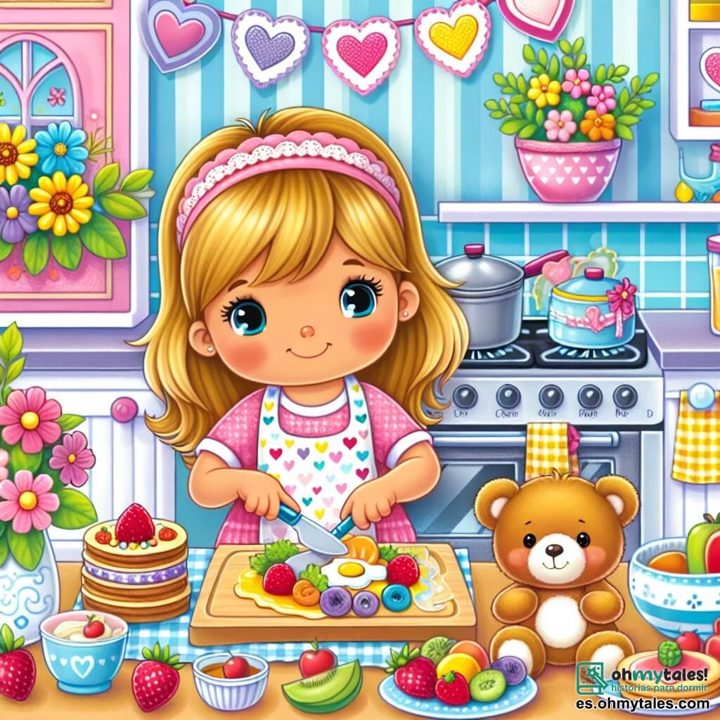 Une illustration destinée aux enfants représentant une petite fille préparant un délicieux petit-déjeuner pour sa maman avec l'aide de son fidèle ours en peluche, dans une cuisine lumineuse et colorée remplie de cœurs et de fleurs.