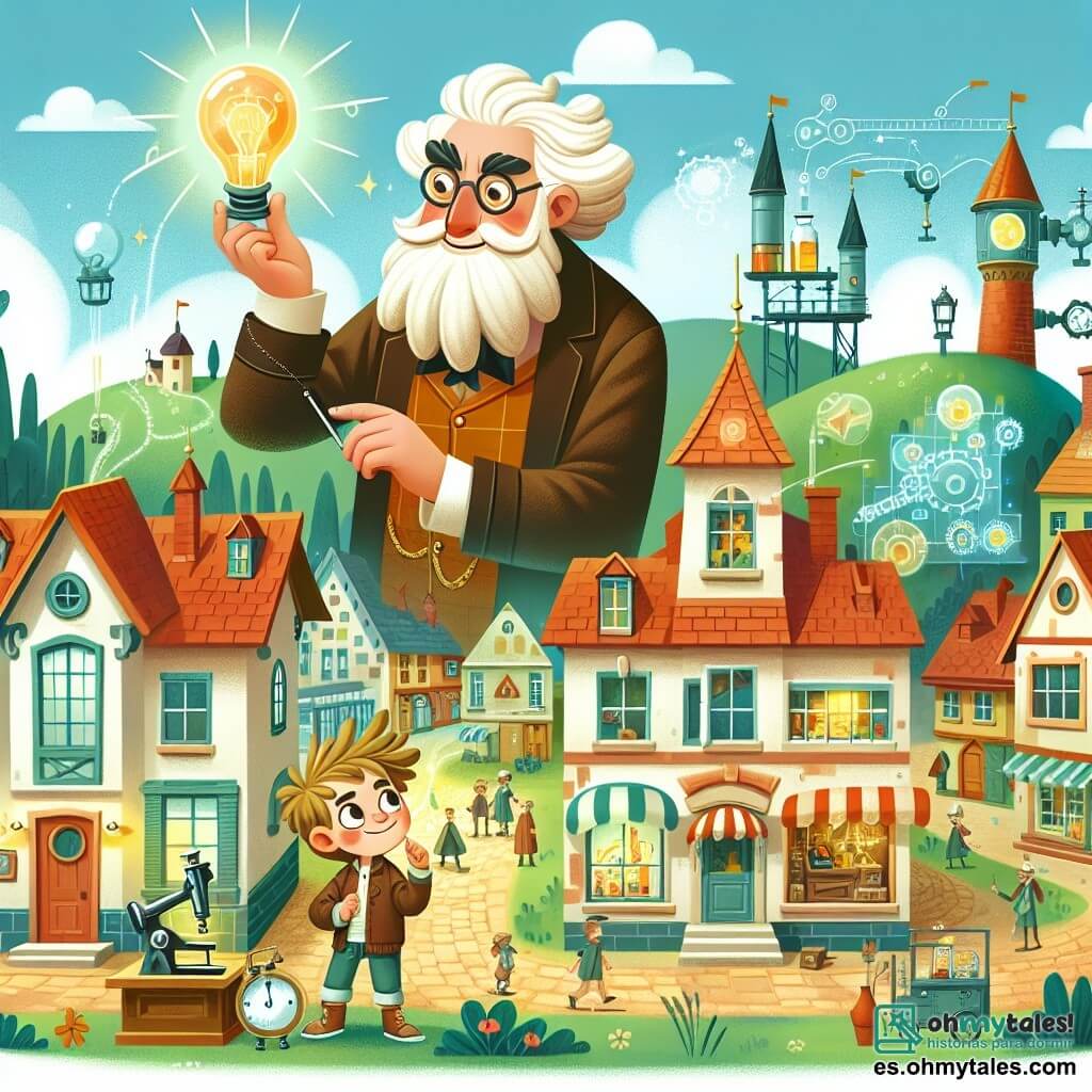 Une illustration destinée aux enfants représentant un inventeur brillant et créatif, accompagné d'un jeune garçon curieux, dans la petite ville de Villa Inventum, avec des maisons colorées et un laboratoire magique.