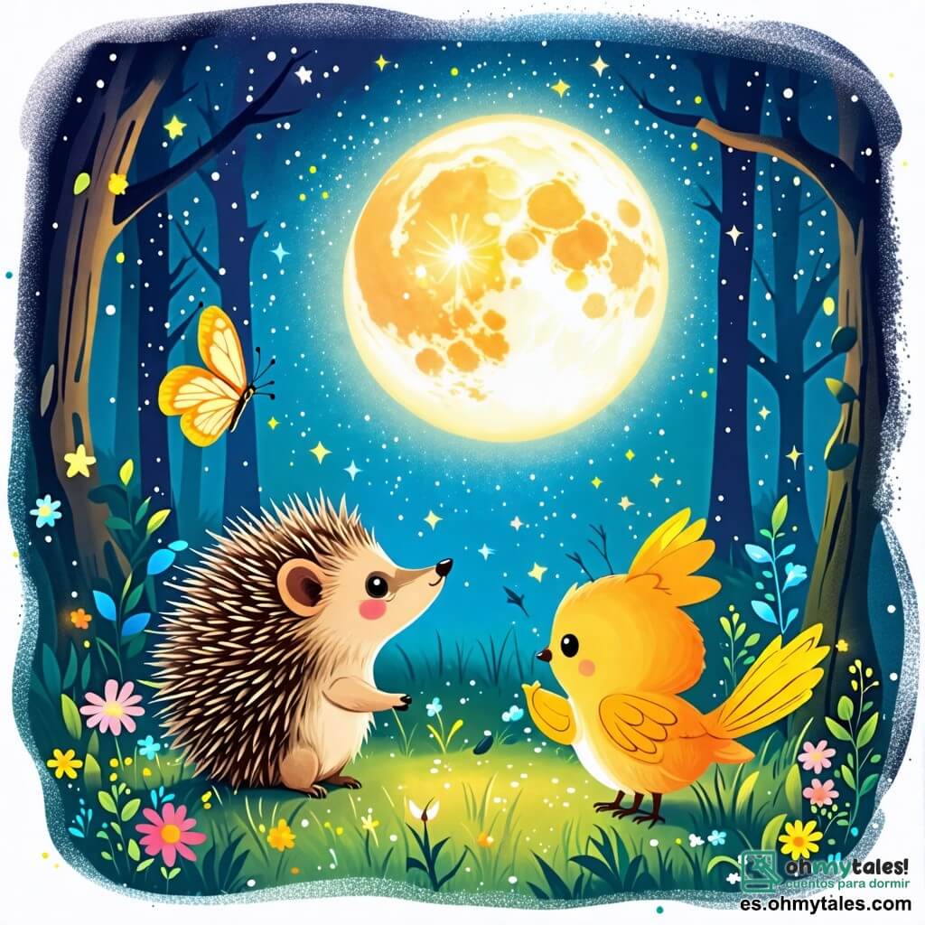 Une illustration sous forme de dessin destinée aux enfants représentant un paisible bois nocturne, illuminé par la douce lumière de la lune, où un petit hérisson aux piquants bruns et aux yeux pétillants regarde émerveillé la lune, tandis qu'une mariposa colorée aux ailes vibrantes et un oiseau aux plumes jaunes se tiennent près de lui, tous ensemble, partageant un moment de magie et de camaraderie sous le ciel étoilé, symbolisant l'importance de l'amitié et de la gentillesse.