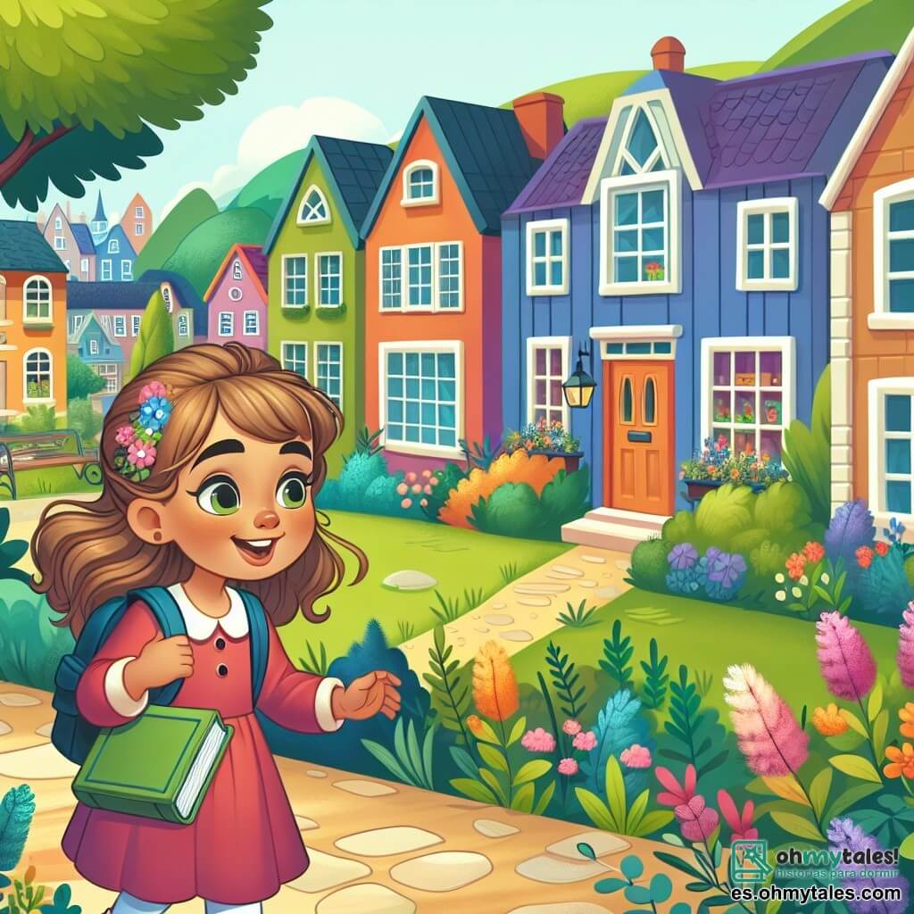 Une illustration destinée aux enfants représentant une jeune fille curieuse et pleine de vie, découvrant un nouveau monde empreint de diversité, accompagnée d'un nouvel ami, dans un charmant quartier aux maisons colorées et aux jardins fleuris.
