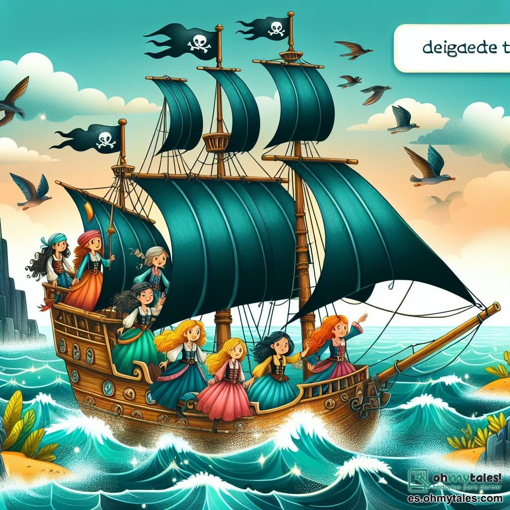 Une illustration destinée aux enfants représentant une femme pirate intrépide, accompagnée de sa fidèle équipage, naviguant sur un majestueux navire à voiles noires, à la recherche d'un trésor caché sur une île mystérieuse entourée d'eaux turquoise scintillantes.